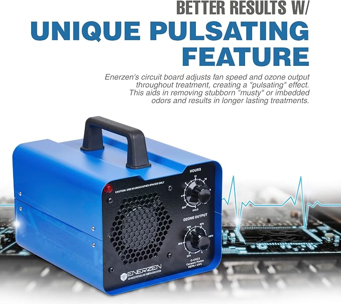Enerzen O-UVC3 - HEPA + UV Light + 80,000 mg/h Industrial Ozone Generator for Eliminating Odors - O3 Machine Air Ionizer Deodorizer for Home, Room, Smoke, Car, Pet