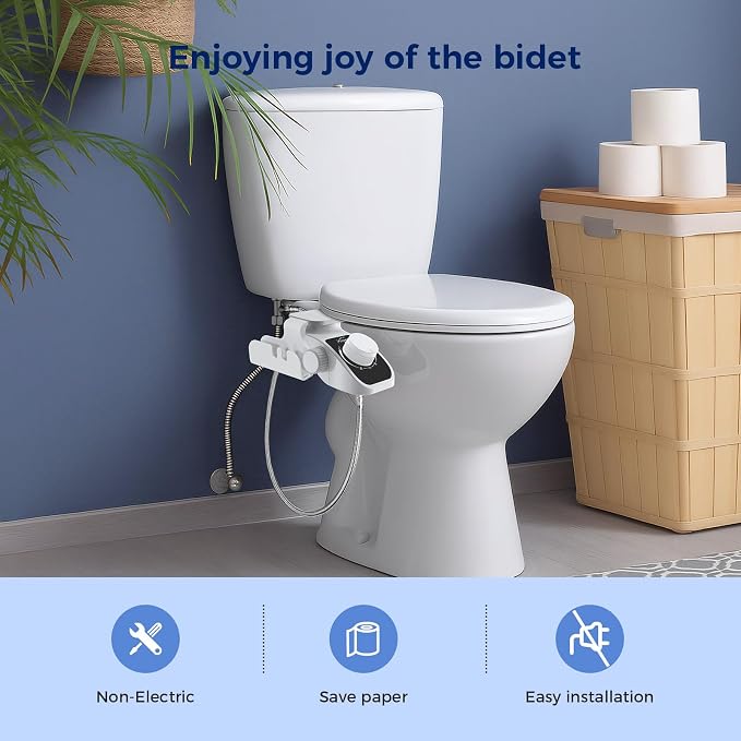 Filtered Bidet Attachment for Toilet, Non-Electric Self Cleaning Bidet Toilet Seat Attachment with Pressure Controls, Dual Nozzles, Multi-Stage Water Softener Filters for Hard Water (White)