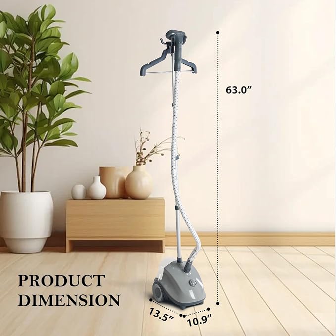1500W Standing Garment Steamer - 45s Fast Heat-Up, 55 Min Steam Time, 1.7L Tank, with Wheels (Gray)