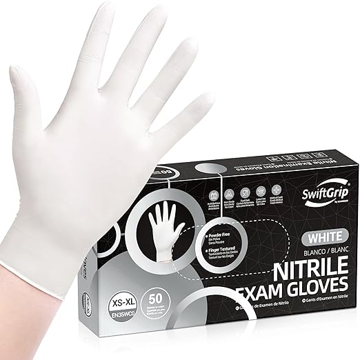 SwiftGrip Disposable Nitrile Exam Gloves, 3-mil, Medium, Box of 50, White Nitrile Gloves Disposable Latex Free for Medical, Cleaning, Cooking & Esthetician, Food-Safe, Powder-Free, Non-Sterile