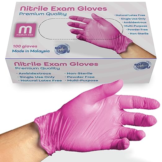 SAFEWAY USA Pink Nitrile Gloves Disposable — Non-Latex, Powder-Free, Ambidextrous Design Multi-purpose Gloves for House Chores, Nail Tech, Salon, Tattooing, Esthetician and more — (100 pcs, Medium)