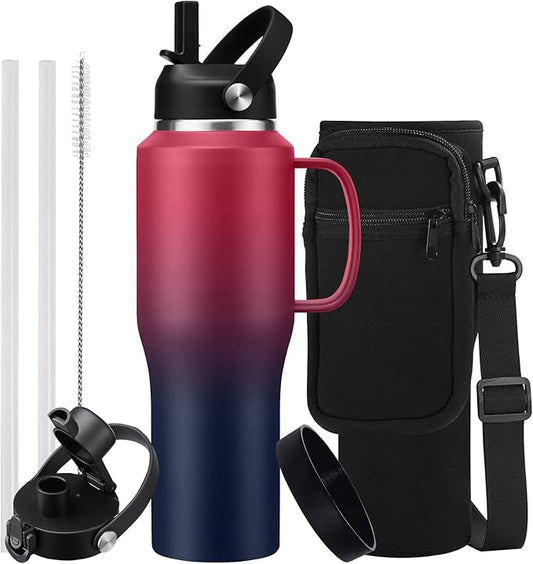 Insulated Water Bottle 32 OZ - with Straw & Pop-up Spout Lid, Keep Cold-48H Hot-12H, Stainless-Steel with handle for Women Men, Metal Flask Water Bottle Fits in Cup Holder