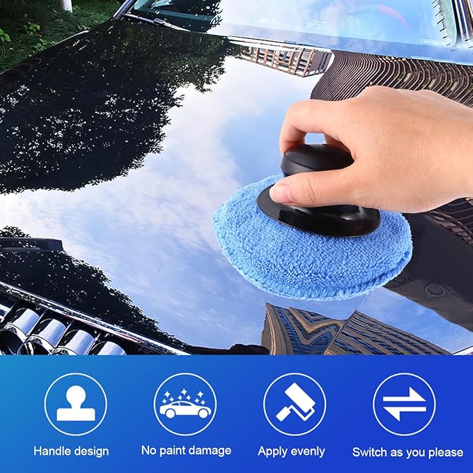 Garneck 7pcs Car Wax Applicator Pads Kit with 1pcs Handle 5'' Microfiber Soft Foam Waxing Pad with Grip Handle for Car Furniture Glass Boat Polishing Sanding Cleaning Blue