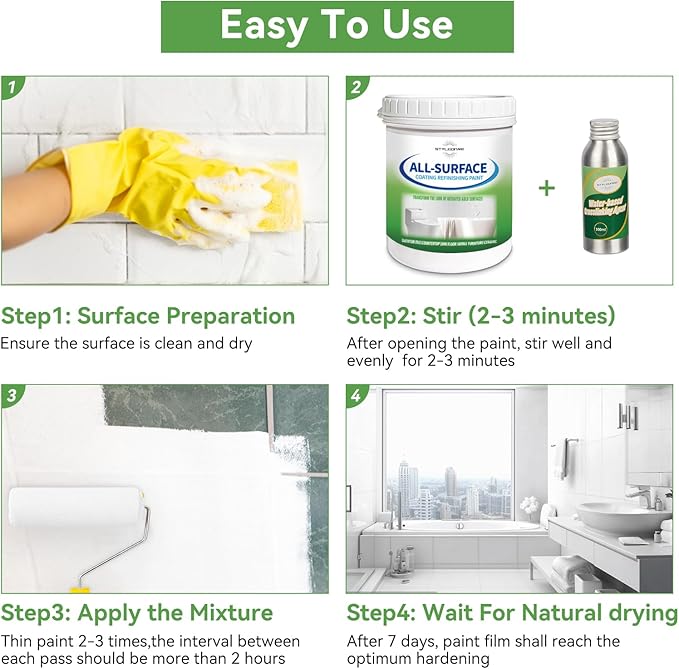 styleonme Waterbased Tile Paint Grey, 50-60sq.ft, Bathtub Washbasin Toilet Ceramic Tile and Kitchen Countertop Refinishing, Odorless and Non-Toxic Heavy Glaze Epoxy Resin Coating (With tools)