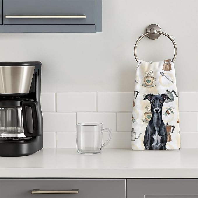 Caroline's Treasures Black Whippet Coffee Bar Kitchen Towel Velour Plush Front and Cotton Loop Back Machine Washable