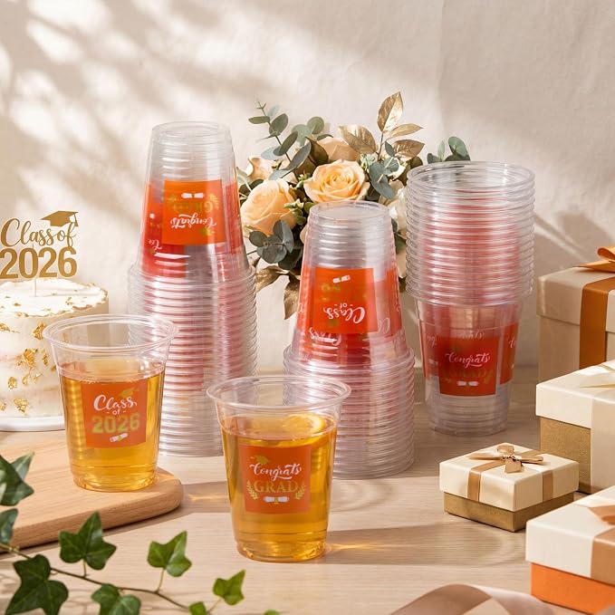Amyhill 60 Pack 12oz Graduation Cups 2026 Graduation Decorations Disposable Plastic Cups Sturdy&Durable Drinkware for Class of 2026 Decorations Congrats Grad Party Favors Supplies (Orange)
