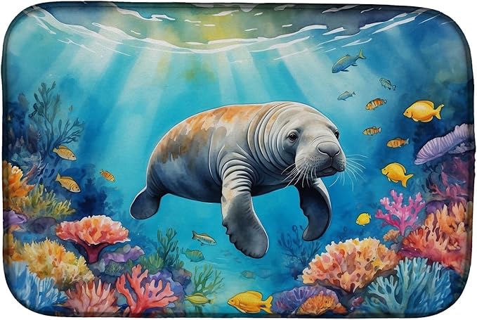 Caroline's Treasures Summer Manatee Dish Drying Mat Absorbent Dish Drying Mat Pad for Kitchen Counter Dish Drainer Mat for Countertop, 14 x 21", Multicolor