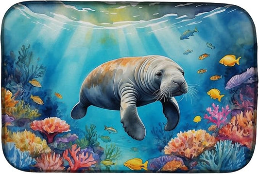 Caroline's Treasures Summer Manatee Dish Drying Mat Absorbent Dish Drying Mat Pad for Kitchen Counter Dish Drainer Mat for Countertop, 14 x 21", Multicolor