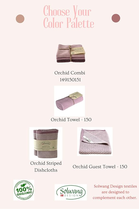 Solwang 3-Piece Danish Cotton Dishcloths in 100% Certified Organic Cotton Made in India (Orchid Organic Combi)