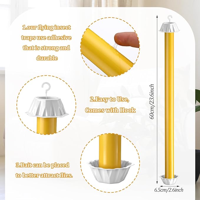 16 Pcs Sticky Fly Trap for Outdoor Indoor 23.6 x 2.6 Inch Lasting Adhesive Fly Trap with Hanging Hook Wasps Gnats Bugs Insects Moths Fruit Flies Mosquitoes Spiders Fleas