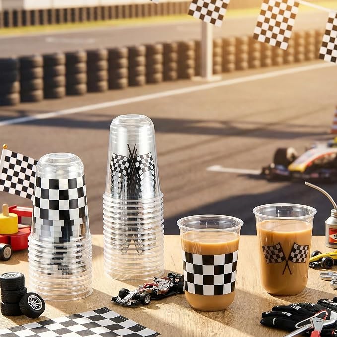 Ziliny 50 Pcs 16oz Checkered Cups Racing Party Round Bottom Plastic Cups Party Decorations, Disposable Clear White Black Checkered Flag Cup for Racing Themed Birthday Drink Supplies Decorations