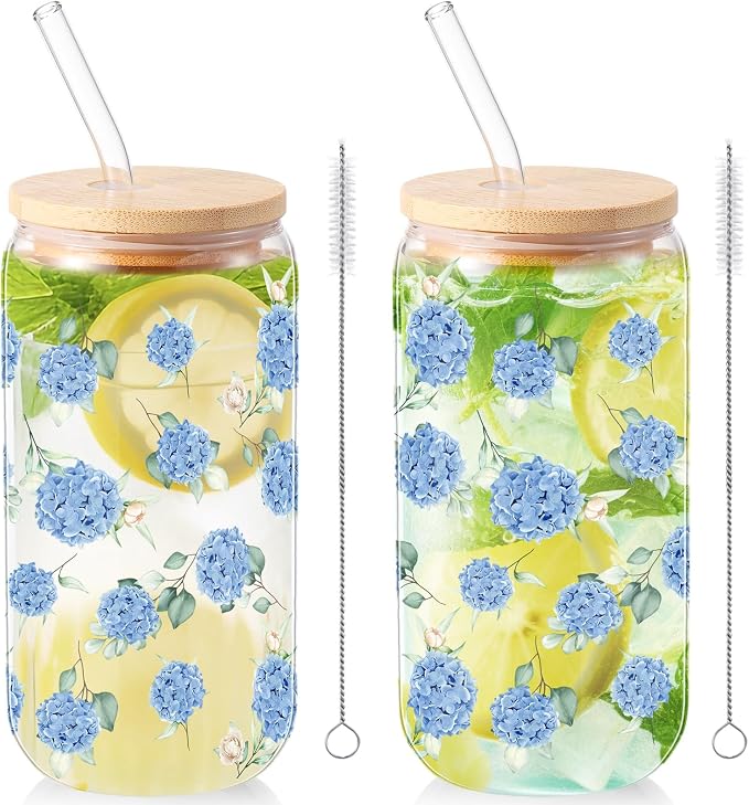 Sliner 2 Pcs Hydrangea Glass Cups Floral Gifts Flower Drinking Glasses 16 oz Iced Coffee Tumbler with Lid Straw Cute Beer Can Tumbler Holiday Gifts for Spring Summer Home Office Decorations