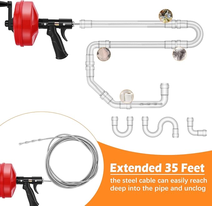 35 FT Double Mode Drain Snake Tools, 14-in-1 Drain Auger for Sink and Drain Unblocking, Plumbing Snake for Kitchen, Bathrom and Shower Sink, Snake for Real DYIs【Upgraded】