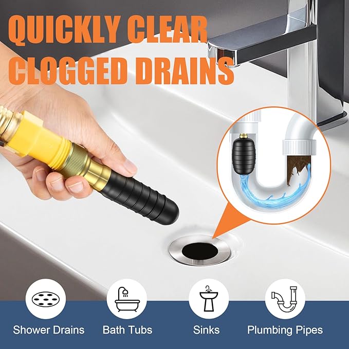 3 Pcs Drain Bladder Kit, Drain Cleaning Bladder Fits 1" to 6" Pipes, with 10 ft Retractable Hose, Shut-Off Valve & Brass Faucet Adapter Fits Most Faucets– For Sinks, Showers, Pools & Drains (Black)