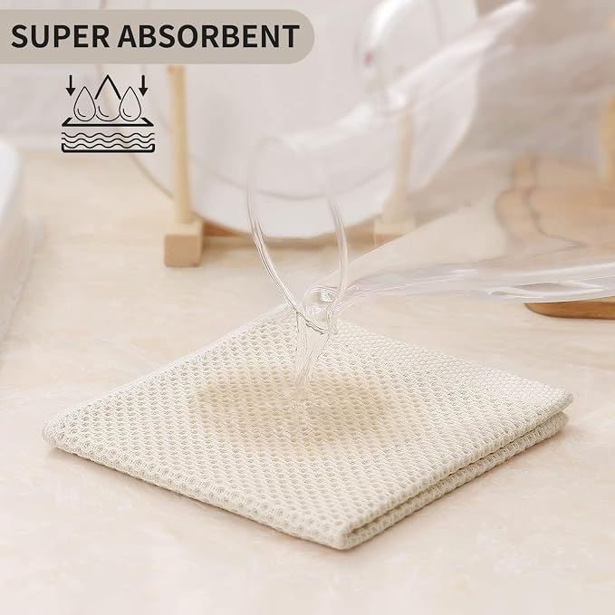Kitinjoy 100% Cotton Kitchen Dish Cloths (12 X 12 Inches, Beige), 6-Pack Waffle Weave Dish Towels for Drying Dishes Super Soft Absorbent Quick Drying Dish Rags