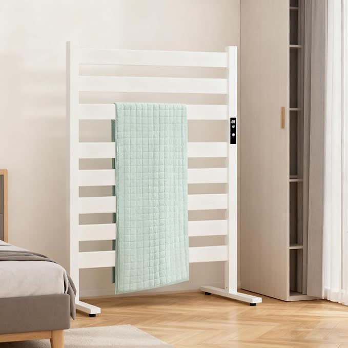 Verida Towel Warmer for Bathroom, Freestanding Heated Towel Rack with Extra-Wide 8-Bar Heating, Built-in Timer & 3-Level Temperature Control, Large White Floor Standing Rack