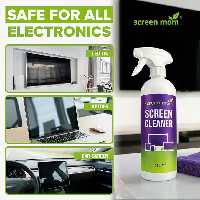 Screen Mom Ultimate Screen Cleaning Kit - 2 Pcs 16oz TV Screen Cleaner Spray and 6 Pcs Microfiber Cloths TV Cleaner Spray and Cloth, Laptop, Phone, iPad, Car and Computer Cleaning Kit Electronic