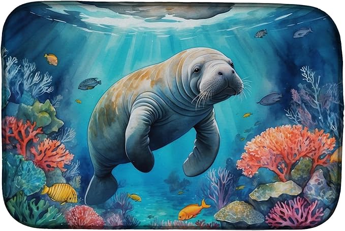 Caroline's Treasures Manatee and Coral Reefs Dish Drying Mat Absorbent Dish Drying Mat Pad for Kitchen Counter Dish Drainer Mat for Countertop, 14 x 21", Multicolor