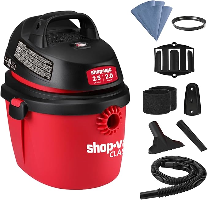 Shop-Vac 2.5 Gallon 2.0 Peak HP Wet/Dry Vacuum, Portable Compact Shop Vacuum with Top Handle, Wall Bracket & Attachments