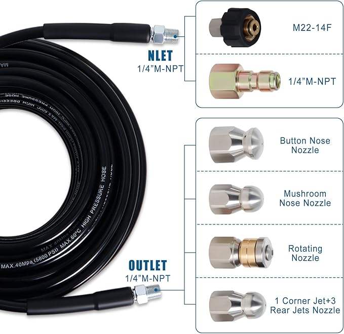 200FT Sewer Jetter Kit for Pressure Washer, 5800PSI Drain Cleaner Hose 1/4 Inch NPT Corner with 4 Sewer Jetting Nozzles，Waterproof Tape，Pearl Corsage Pin，Handle Strap & 2 Spanners (Black)