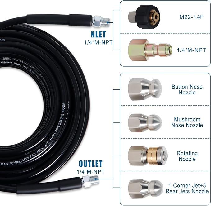 150FT Sewer Jetter Kit for Pressure Washer, 5800PSI Drain Cleaner Hose 1/4 Inch NPT Corner with 4 Sewer Jetting Nozzles，Waterproof Tape，Pearl Corsage Pin，Handle Strap & 2 Spanners (Black)