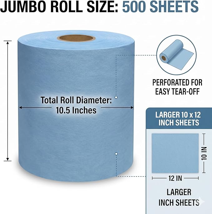4 Rolls Industrial Cleaning Wipes Jumbo Roll, Heavy Duty Lint Free Shop Towels, Super Absorbent Reusable Cleaning Cloths for Garage Workshop Automotive, 500 Sheets 10 x 12 Inch, Blue