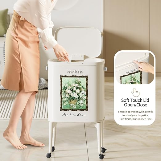MRBIN Metal Kitchen Trash Can with Wheel Legs, 36L / 9.5gal Medium Press Lid Slim Removable Waste Basket, Pet Proof Tall Narrow Garbage Pail for Vanity, Bedroom, Bathroom, Living Room, White Rose