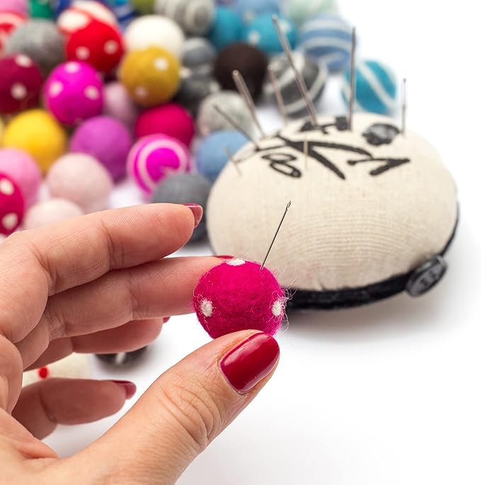 Glaciart One Felt Pom Poms, Wool Felt Balls with Swirls & Dots (90 Pieces) 2 cm – 0.8 Inch, Handmade Felted 30 Color (Red, Pink, Blue, Yellow, Pastel and More) Bulk Small Puff for Felting and Garland
