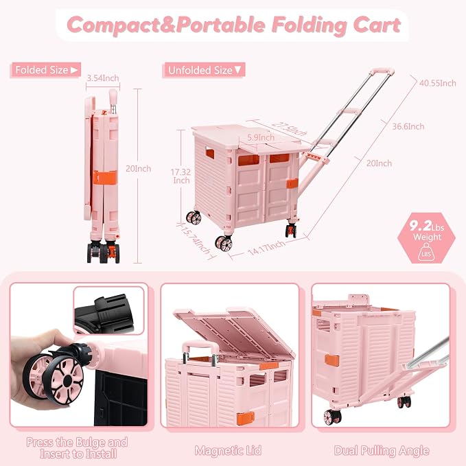 FELICON SELORSS Folding Utility Cart Rolling Crate Tote Basket Box Storage Handcart on 4 Swivel Wheels with Adjustable Handle Extended Magnetic Lid for Teacher Move Shop Travel Grocery Office(Pink)
