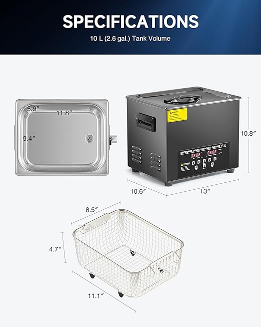 CREWORKS 10L Digital Ultrasonic Cleaning Machine with Degas and Gentle Mode, 240W Ultrasonic Cleaner Machine with Heater and Timer, 2.6 gal Ultrasound Cleaner for Retainer Watch Auto Tool Machine Part