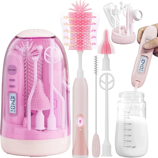 Electric Bottle Brush Cleaner,Rechargable Electric Baby Bottle Brush Cleaner with Thermometer,Silicone Bottle/Nipple/Straw Brush,Drying Rack,Travel Bottle Cleaner Kit for New Moms (Pink)