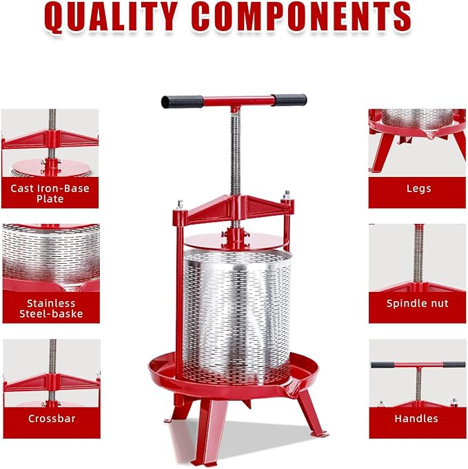 Manual Stainless Steel Fruit & Wine Press, 3.69 Gallon Cider, Juice & Olive Oil Extractor, Food Press for Wine Making Supplies, Cheese, and Vegetable Processing, Easy T-Handle