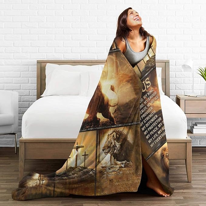 Christian Blanket for Men Christ Lion Jesus Religious Faith Throw Blanket Soft Cozy Warm Fuzzy Fleece Christian Bedroom Decor Blanket Gifts for Men Women Couch Sofa Bed 80"X60"