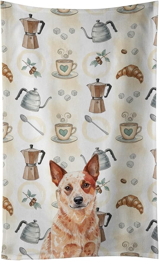 Caroline's Treasures Red Heeler Australian Cattle Dog Coffee Bar Kitchen Towel Velour Plush Front and Cotton Loop Back Machine Washable