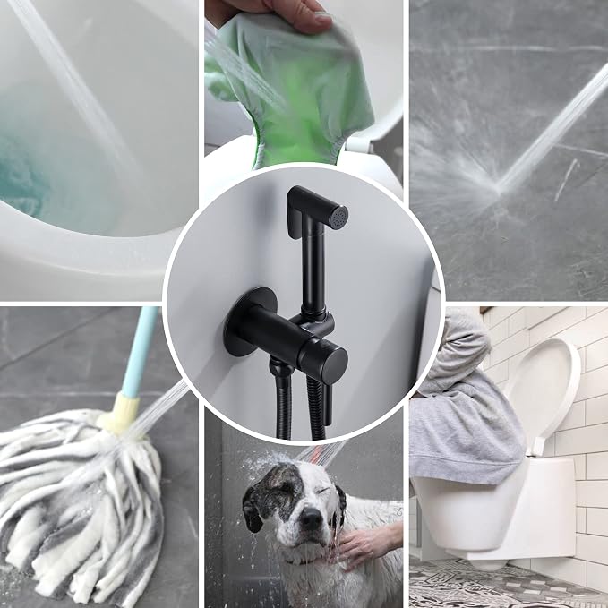SHAMANDA Wall Mounted Bidet Sprayer Set, Stainless Steel Round Handheld Bidet Attachment, Matte Black, BDS09-7