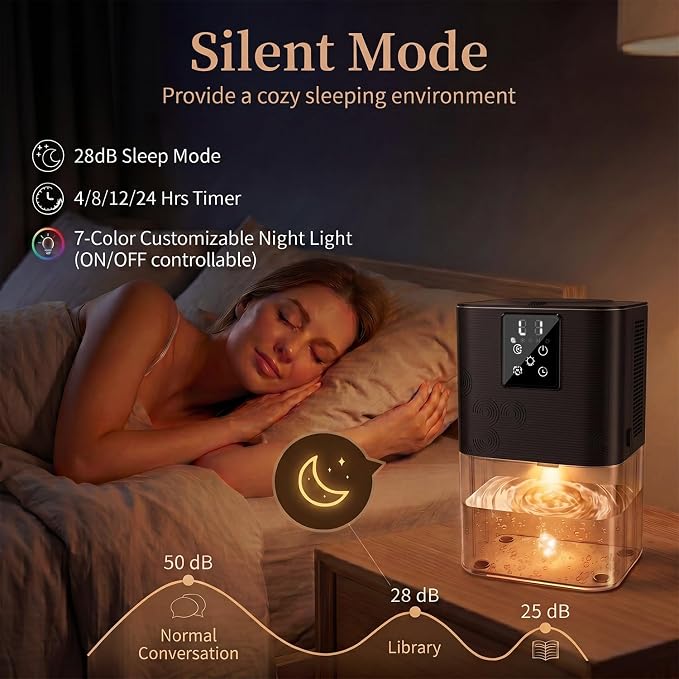 MTOX Dehumidifier, 3L/105oz Water Tank, 1100ml/Day, Dehumidifier for Bathroom Bedroom Basement RV, Ultra-Quiet 28dB Sleep Mode, Auto Shut-Off, Auto Defrost, 7-Color LED Light, Digital Display (Black)