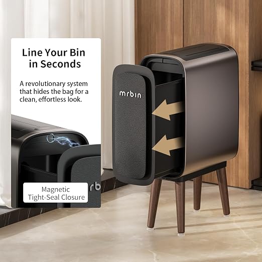 MRBIN 2.4 Gallon Slim Automatic Trash Can with Legs, Touchless Butterfly Sliding Lid, Magnetic Odor Lock, 9L Convertible Height Waste Bin for Bedroom, Bathroom