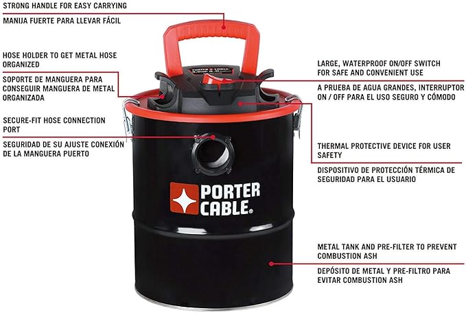 Porter-Cable 4 Gallon 4 Peak HP Ash Vacuum, with Metal Hose, Pre-Filter, and Cartridge Filter, Ideal for Fireplaces, Bonfire Pits, Wood-Burning Stoves, BBQ Grills, Black-PCX18184