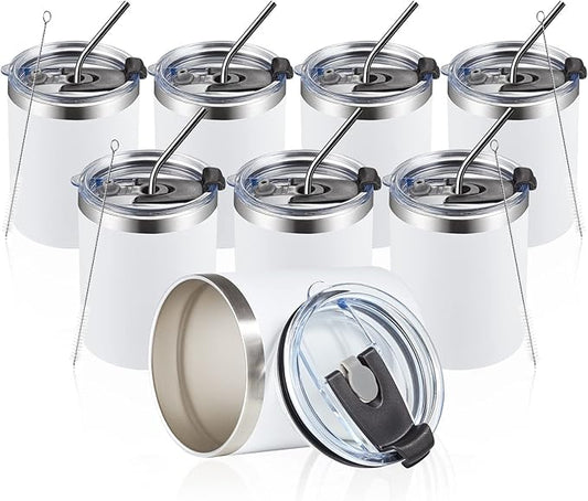 MEWAY 12oz/8Pack Coffee Mug With Lid, Insulated Stainless Steel Reusable Coffee Cup, Double Wall Durable Coffee Mug, Powder Coate，For Coffee, Beer, Home, Office(White,8 Pack)