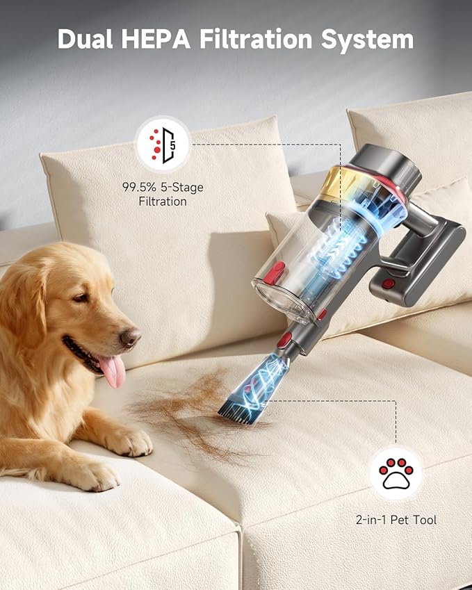 AIPOWAY 650W Cordless Vacuum Cleaner with 55KPa Flagship Suction, 75-Min Extended Runtime 2.5L Dual-Cup Capacity, Anti-Tangle Brush & Self-Standing Design HEPA Filtration for Furniture Carpet Pet Hair