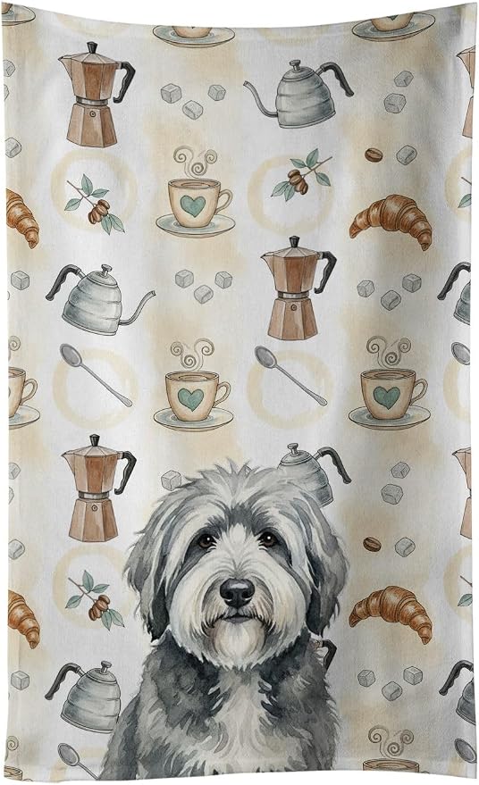 Caroline's Treasures Gray and White Old English Sheepdog Coffee Bar Kitchen Towel Velour Plush Front and Cotton Loop Back Machine Washable