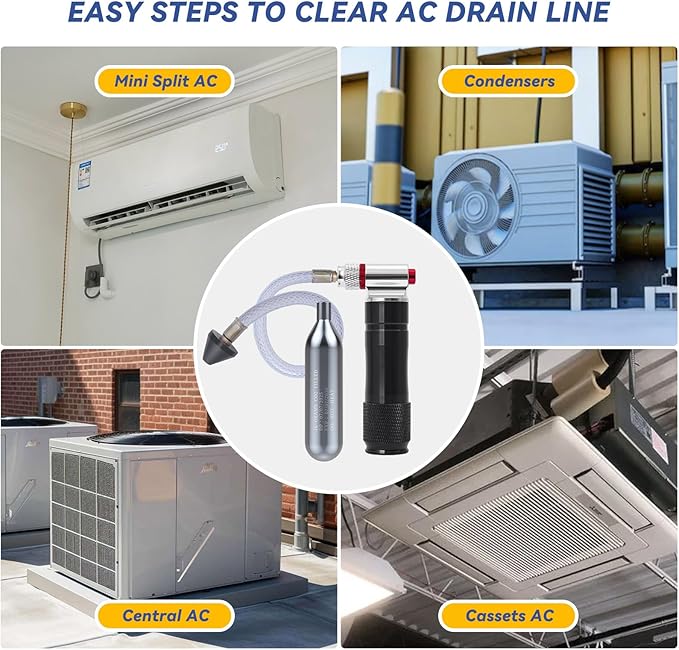 Upgraded Drain Device, AC Drain Line Cleaner Device, AC Drains Line Unclogger Tool, with 6 Unthreaded CO2 Cartridges, with a Flexible Hose to Clear All HVAC Clogs,16 Gram Unthreaded CO2,Black&Red