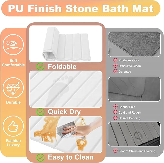 Extra Large 24"x18" Stone Dish Drying Mat with Sink Mat, Super Absorbent Diatomaceous Earth & Microfiber, Quick-Dry Foldable Kitchen Counter Drying Pad for Dishes, Bottles & Utensils – White