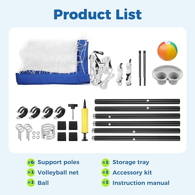 Above Ground Pool Volleyball Net Set with Storage Tray – Adjustable 10-20FT Anti-Sag Net, Poles, Ball & Installation Accessories – Fun Outdoor Swimming Water Games for Kids Adults Family