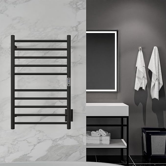 Bali Series 10-Bar Wall Mounted Electric Bathroom Towel Warmer Rack in Matte Black Finish Stainless Steel