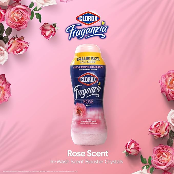 Clorox Fraganzia Laundry Scent Booster Crystals, In-Wash Fragrance Beads for Fresh-Smelling Clothes & Linens, Safe for All Fabrics & Colors, Easy-Pour Bottle, Rose Scent, 70 Oz - 2 Pack