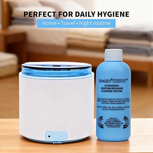 iSonic Portable Ultrasonic Cleaner + Cleaning Crystal Powder Mix Bundle for Dentures, Aligners, & Retainers – Deep Cleaning System for Stains, Odors & Buildup Removal