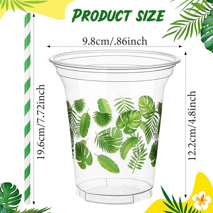 Umigy 100 Pack Plastic Disposable Cups with Lids and Straws 12 oz Disposable Cups for Juice Water Coffee Summer Party Sports Party Supplies(Palm Leaf)