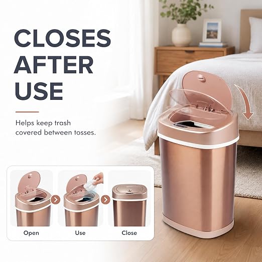 Motion Sensor Trash Can, 15L Touchless Automatic Garbage Can with Lid, Stainless Steel for Kitchen, Bathroom, Office, Quiet Soft-Close, Long Battery Life, Champagne Gold