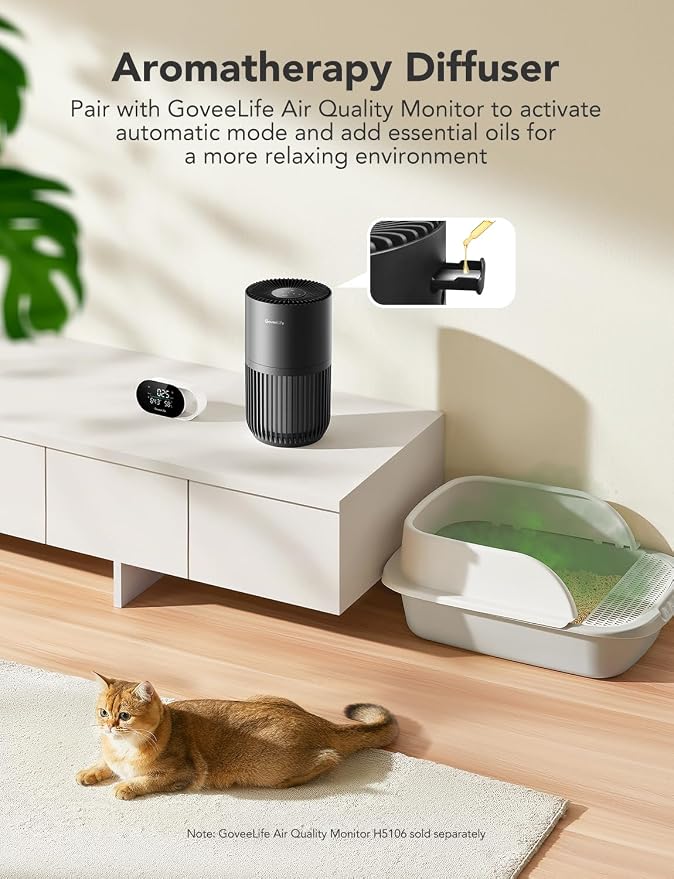 GoveeLife Mini Air Purifier for Bedroom, Smart Filter Air Purifier with App Alexa Control for Pet Hair, Odors, Pollen, Smoke, Portable Air Cleaner with 3 Speeds, 2 Modes, Timer, Aroma for Home